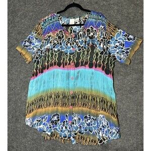 Roaman's Floral Print blue multi color Short Sleeve Button Up Blouse Size M